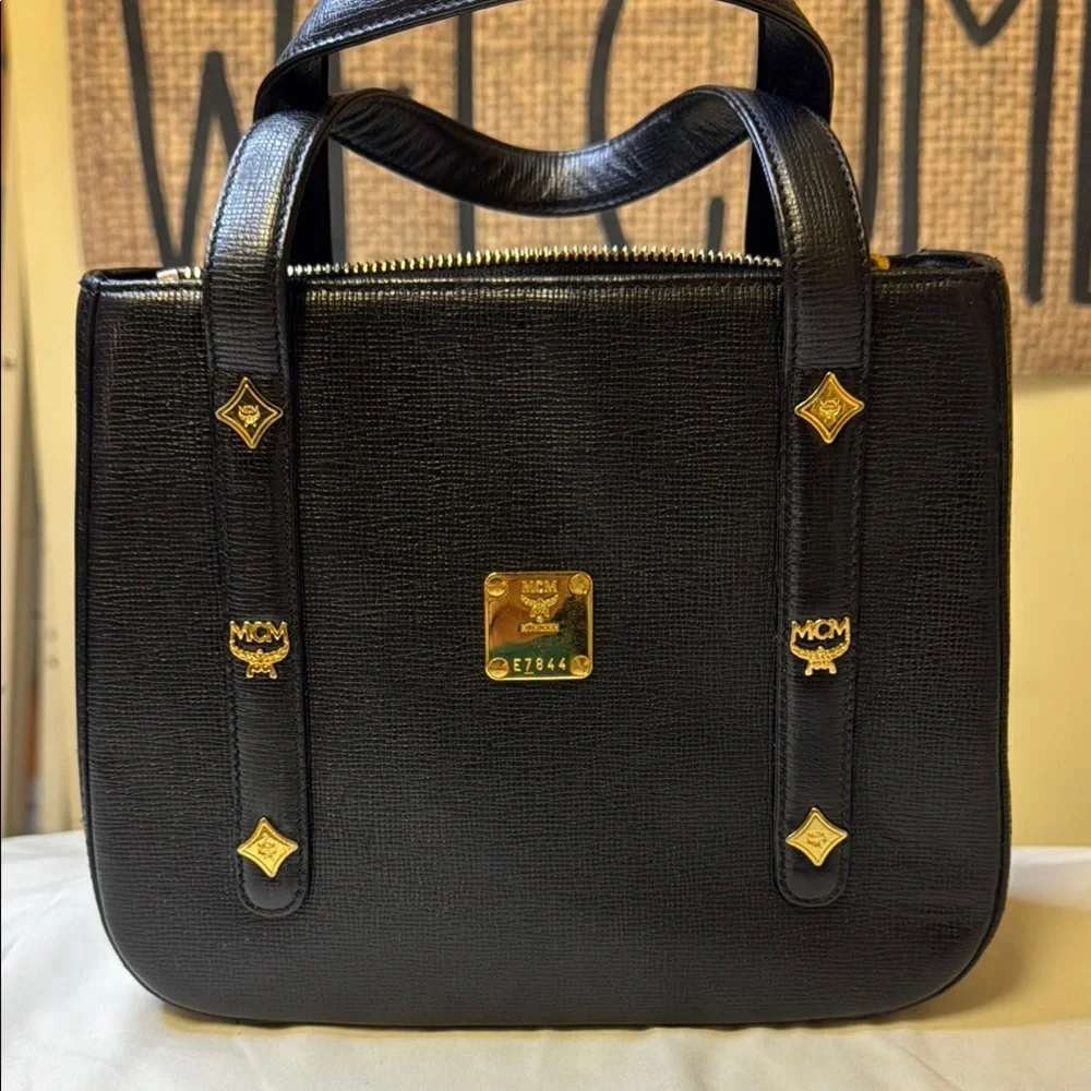 Vintage MCM Structured‎ Black Leather Satchel – Gold Hardware – Rare Style E7844